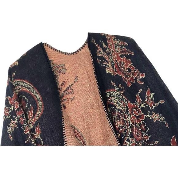 Women's Color Block Shawl Wrap Open Front Poncho Cape - Picture 3 of 7